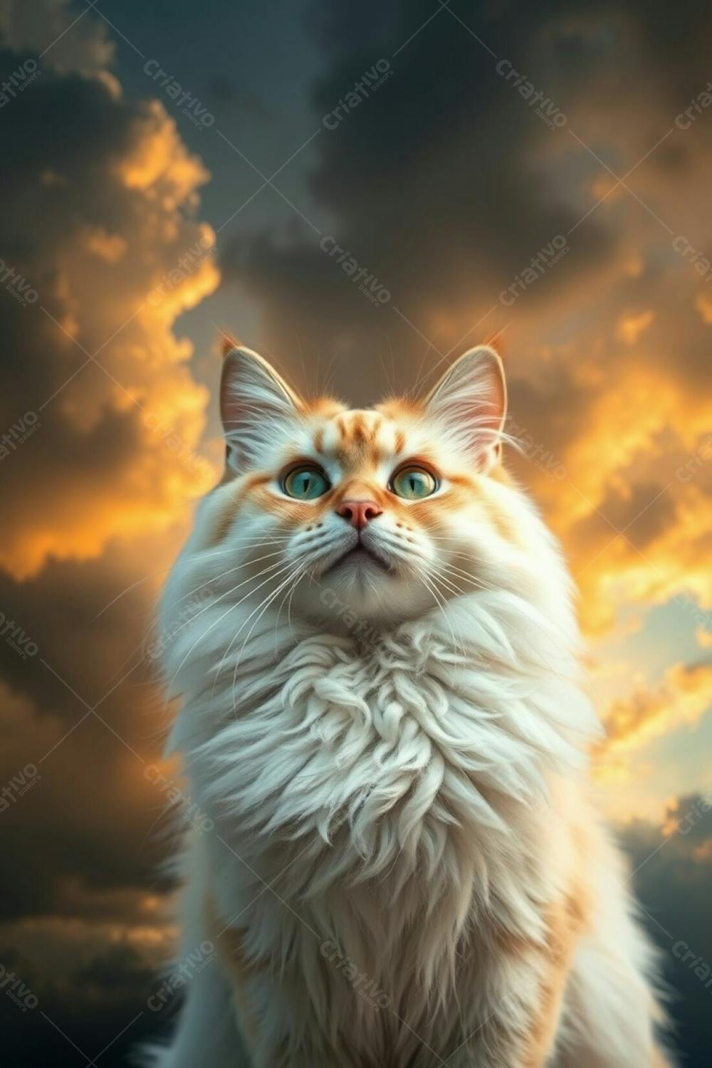 Long Exposure Photography Featuring A Dramatic Stormy Sky With Warm Golden Light. A Full Hd Realistic Image Of A Beautiful, Fluffy Pet Cat, Radiant, Luxurious, Graceful, Elegant, Refined Features