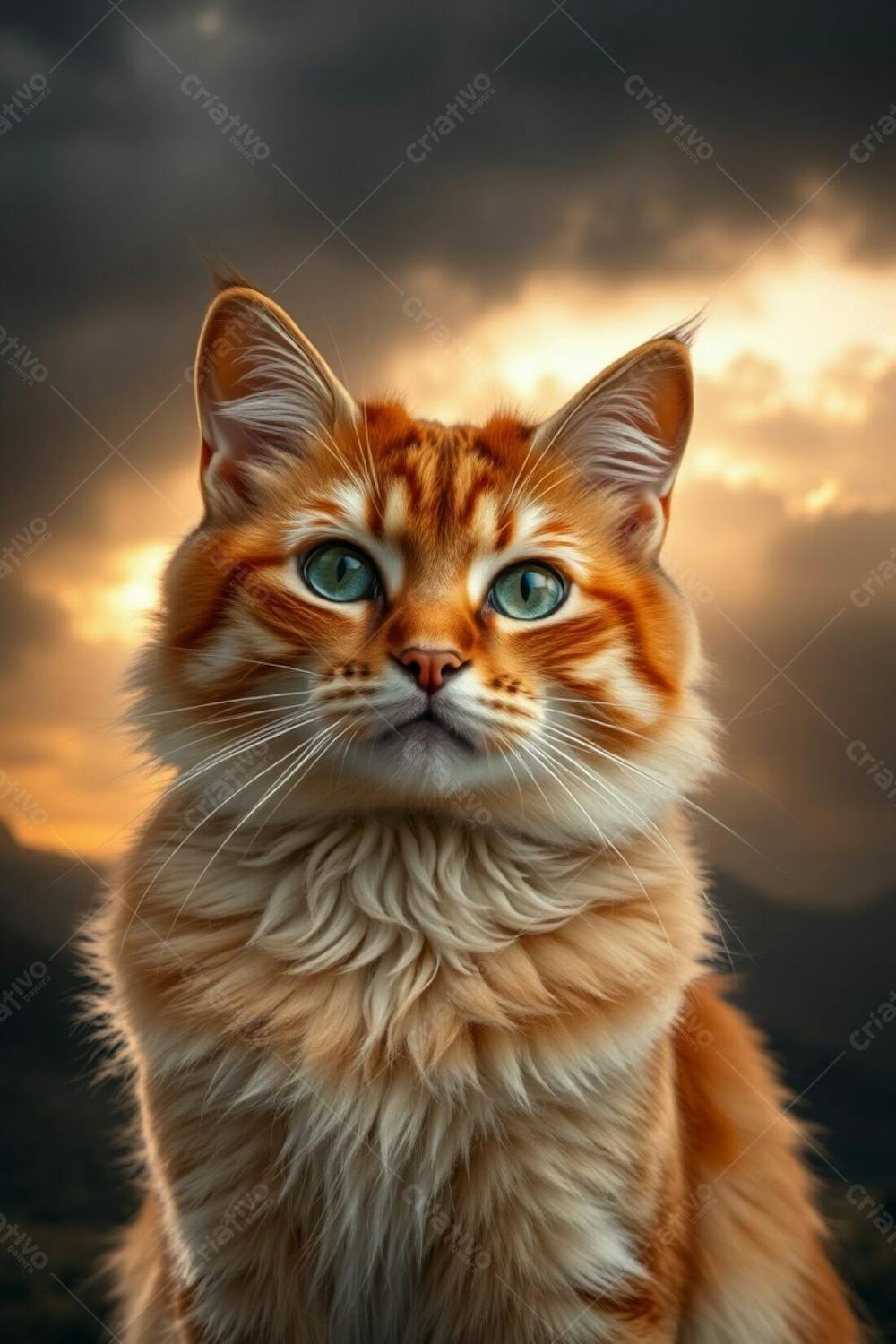 Long Exposure Photography Of A Dramatic Stormy Sky, Warm Golden Glow. Full Hd Realistic Image Of A Lovely Pet Cat, Radiant And Luxurious Fur, Graceful And Elegant Posture, Refined Facial Features