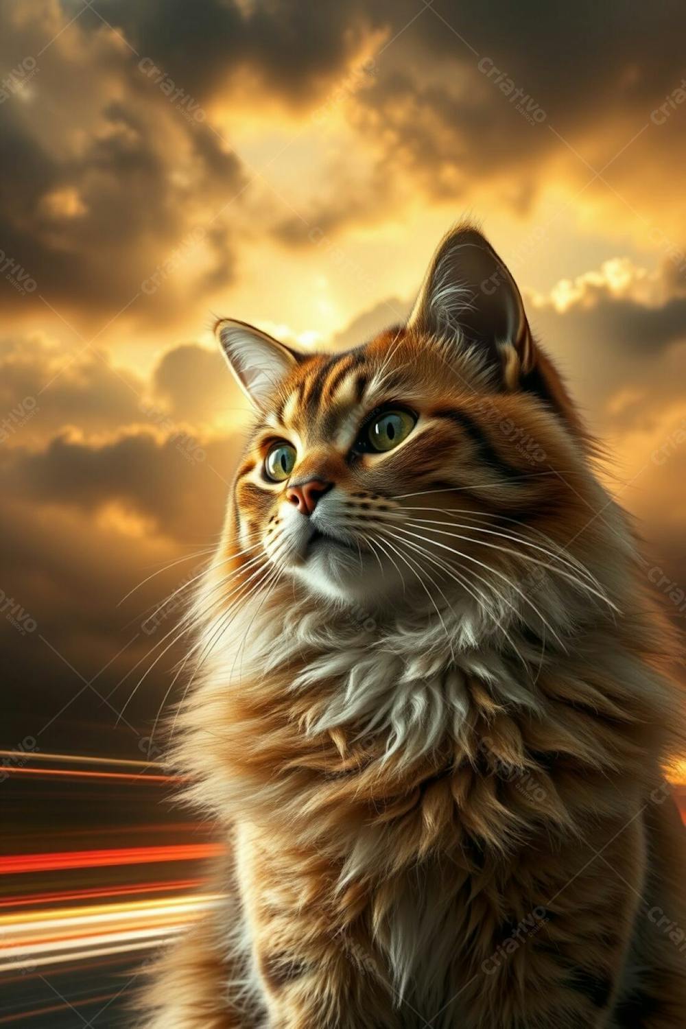 Long Exposure Shot A Graceful, Elegant Cat With Refined Features And Luxurious Fur, Against A Backdrop Of Dramatic Stormy Skies Glowing Warm Golden. Full Hd, Photorealistic, Emphasizing Motion And Light Trails