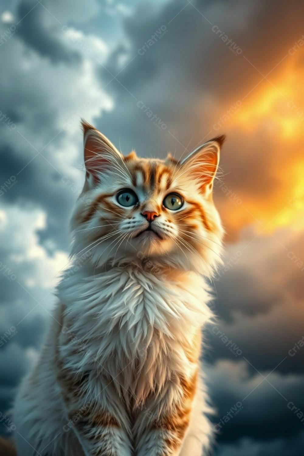 Photorealistic Full Hd Image A Cute Fluffy Cat, Radiant And Luxurious, With Refined Features, Poses Gracefully Against An Intense, Dramatic, Stormy Sky; Warm Golden Glow; Long Exposure Photography Captures Motion And