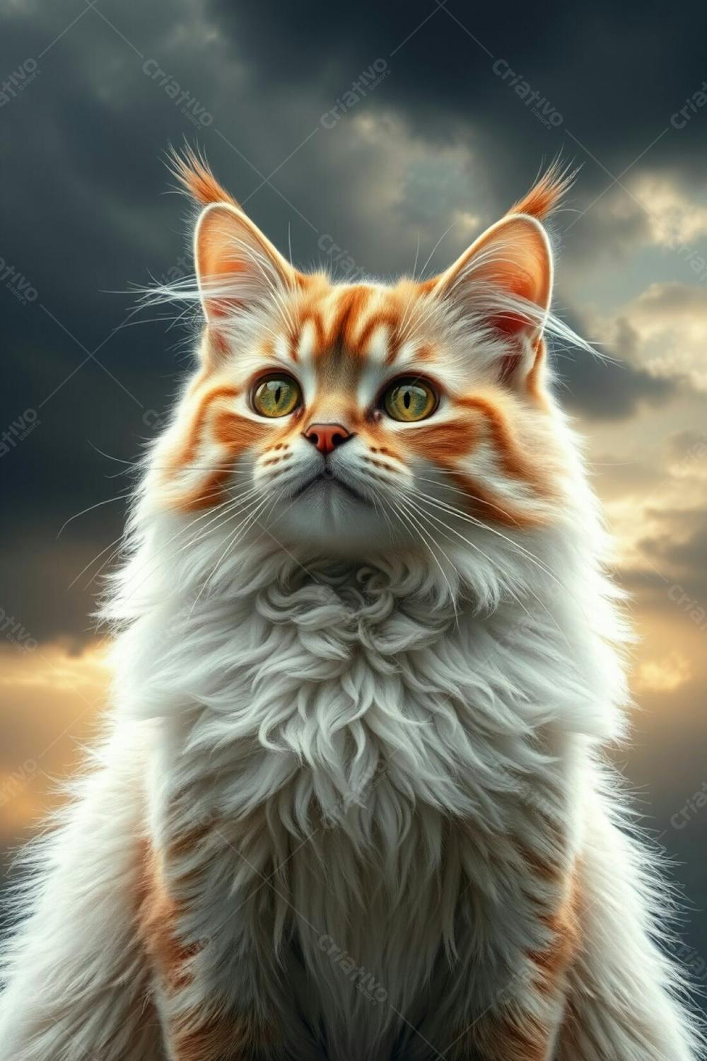 Realistic Full Hd Image Of A Cute And Fluffy Cat, Radiant And Luxurious, Showing Refined Features And Elegant Pose, Set Against Dramatic Stormy Skies