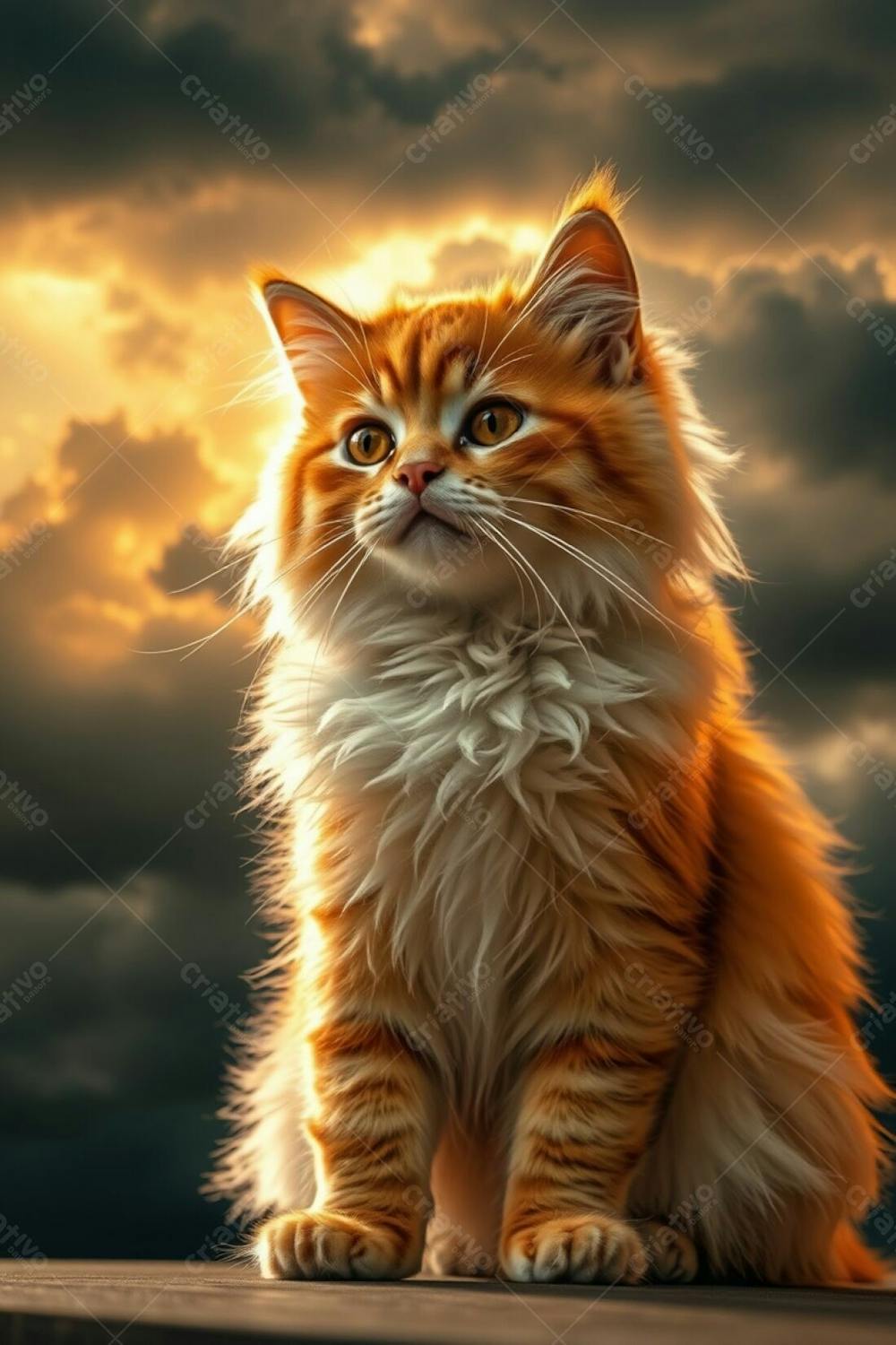 Realistic Full Hd Image Of A Cute, Fluffy Pet Cat; Radiant, Luxurious Fur, Refined Features, Elegant And Graceful Pose. Dramatic Stormy Skies With A Warm Golden Glow Are Shown Through A Long Exposure Creating Light T