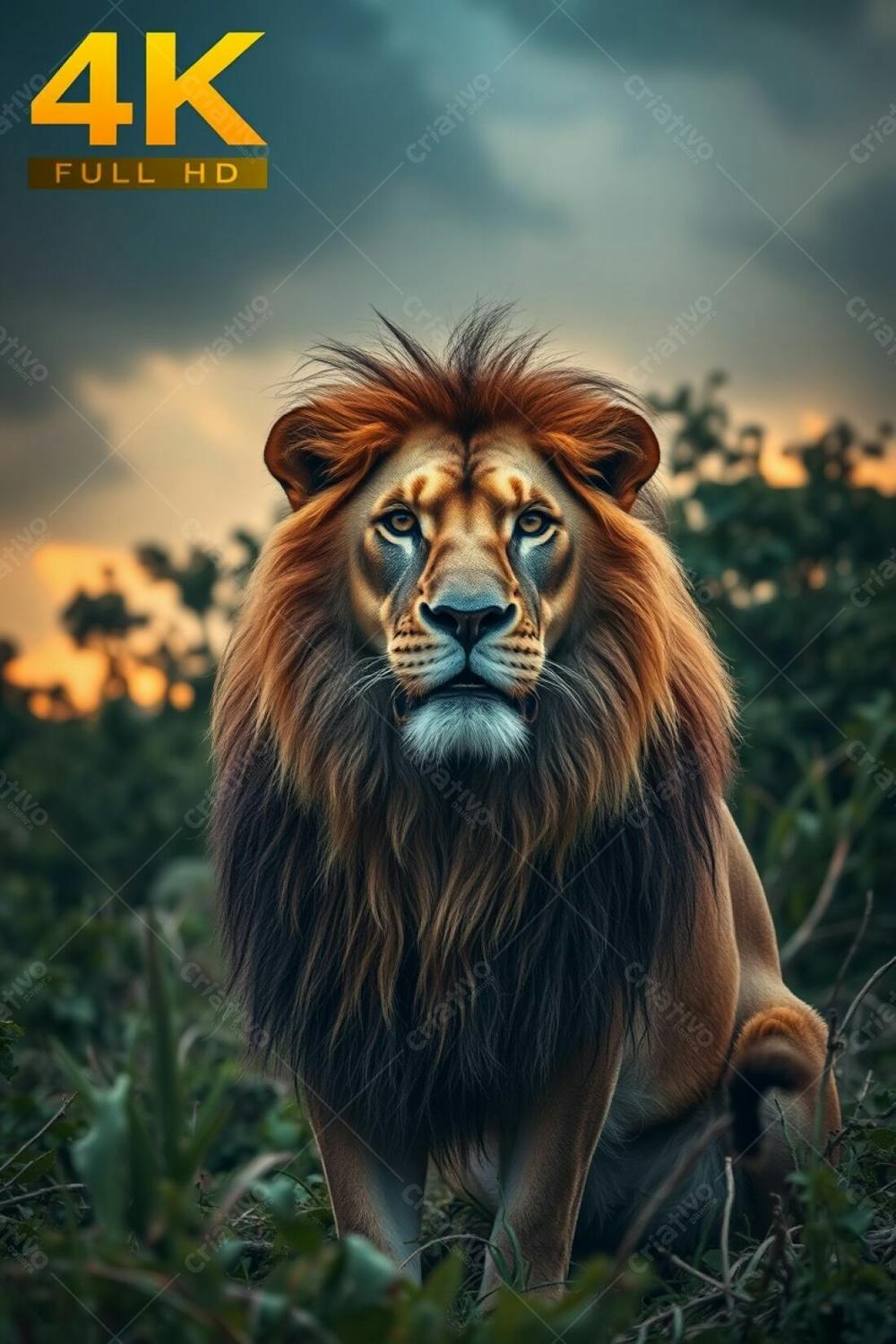 A 4K Full Hd Photograph Of A Majestic Lion, Elegant And Authoritative, In A Vibrant Jungle Setting, Using Long Exposure For A Dramatic Effect; The Scene Features Stormy Skies With A Warm Golden Hue