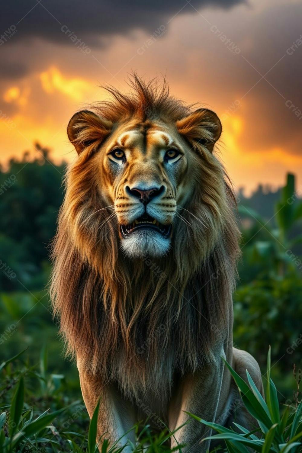 A 4K Photograph Of A Perfect, Beautiful Lion, Radiating Authority In A Lush Jungle Setting, Lit By A Warm Golden Glow From A Dramatic Stormy Sky, Emphasizing The Lion&#39;S Graceful Elegance And Refined Features