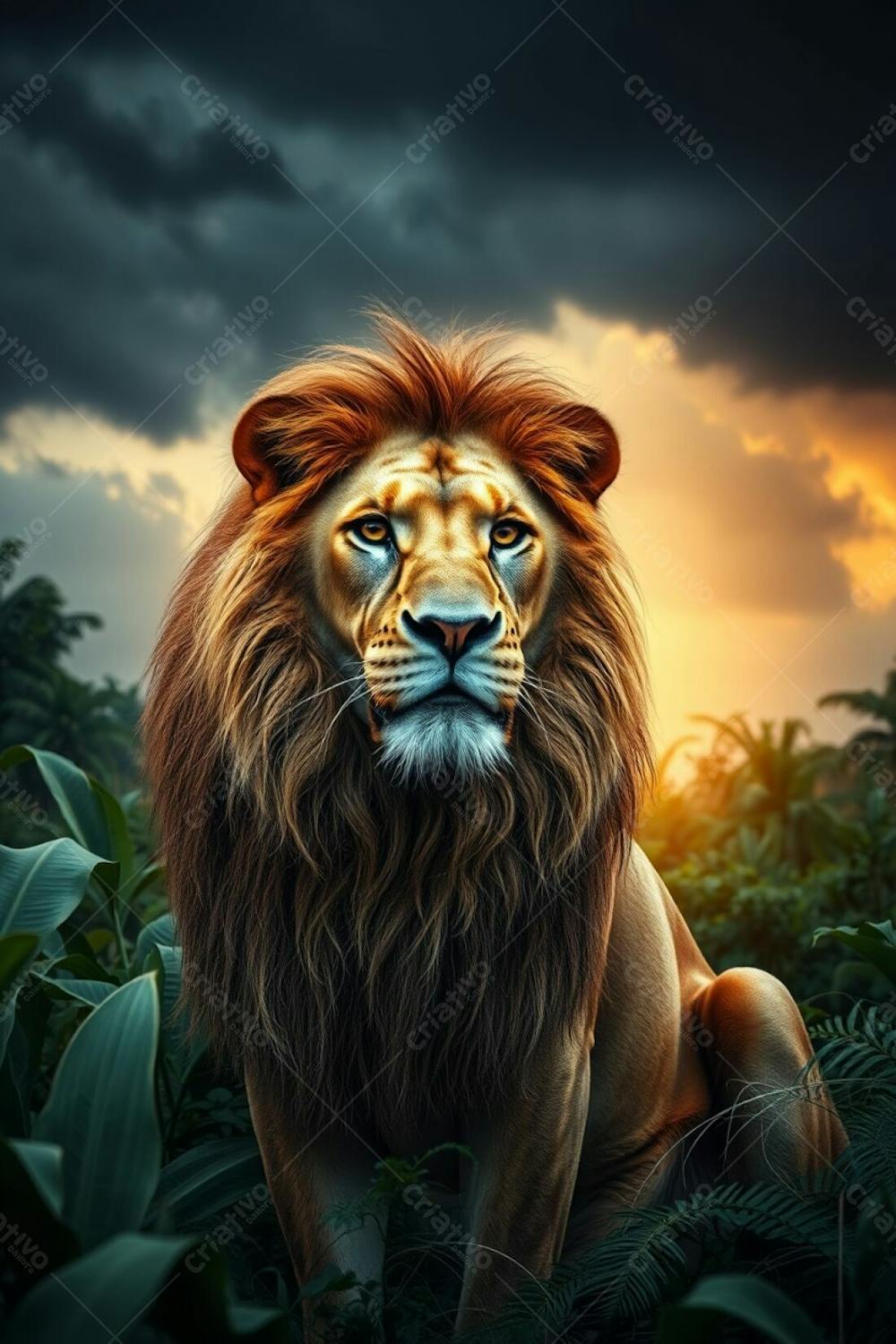 A 4K Photorealistic Image Of A Magnificent Lion, Showcasing Its Refined Features And Powerful Presence. The Lion Is Elegantly Posed Within A Lush Jungle Environment Under Dramatic, Stormy Skies Lit By A Warm Golden Light. Long Exp