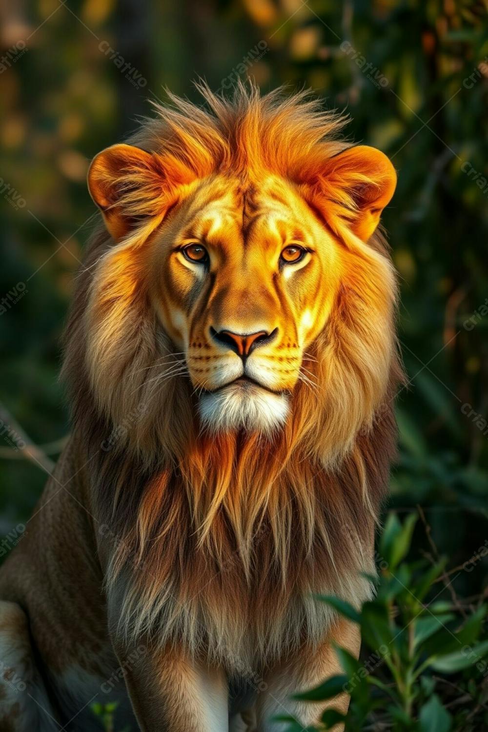 A 4K Resolution Image Of A Perfectly Beautiful Lion, Radiating Authority In The Jungle. Realistic, Full Hd Photo With A Warm Golden Glow