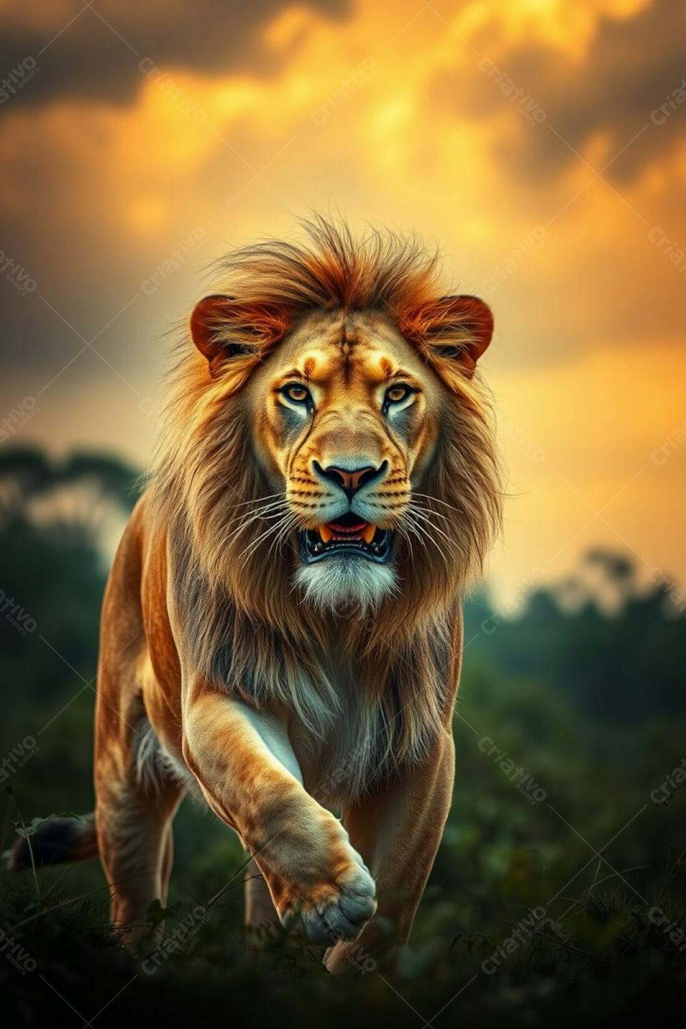 A Dynamic Photograph Capturing A Majestic Lion With Refined Features And A Luxurious Mane In A Jungle Setting, Under A Dramatic Warm Gold Lit Stormy Sky, Emphasizing Its Graceful Movement And Powerful Presence