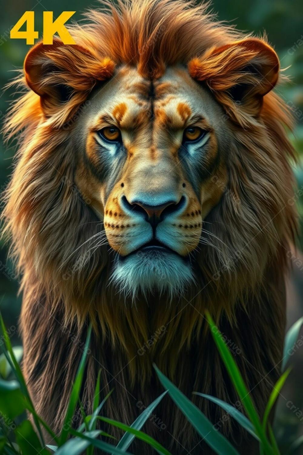 A 4K Resolution Image Portraying A Powerful Lion With Refined Features, Exuding Authority In The Jungle. Realistic, Detailed, And Radiant