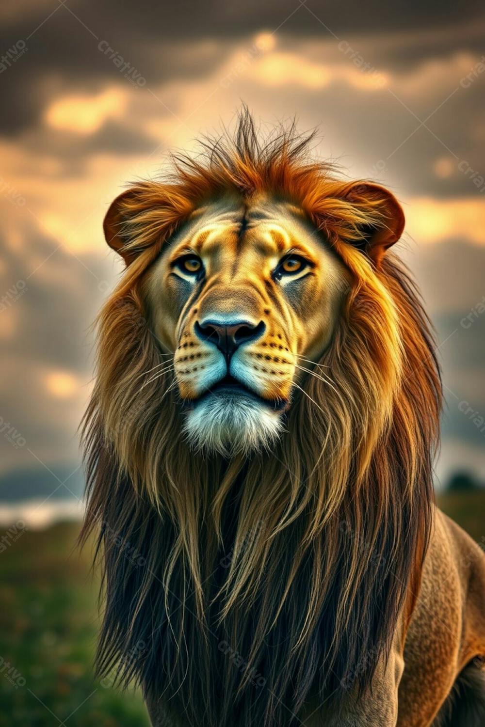 A Full Hd Photograph, Shot With A 4K Camera, Portraying A Perfect And Beautiful Lion In Its Natural Habitat. The Lion Exudes Authority And Elegance, Its Refined Features Highlighted By Warm, Golden Light Against A Stormy Sky. Moti