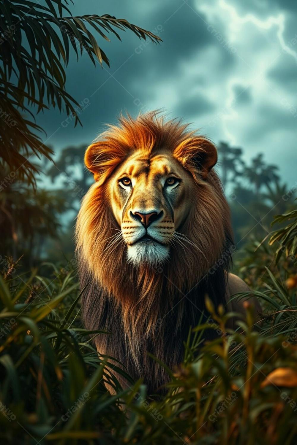 A Full Hd, Photorealistic Image Of A Lion, Majestic And Authoritative, Within A Dense Jungle. The Image Is Captured With A 4K Camera Using Long Exposure Photography, Creating A Warm Golden Glow Contrasting With Stormy Skies And Sho