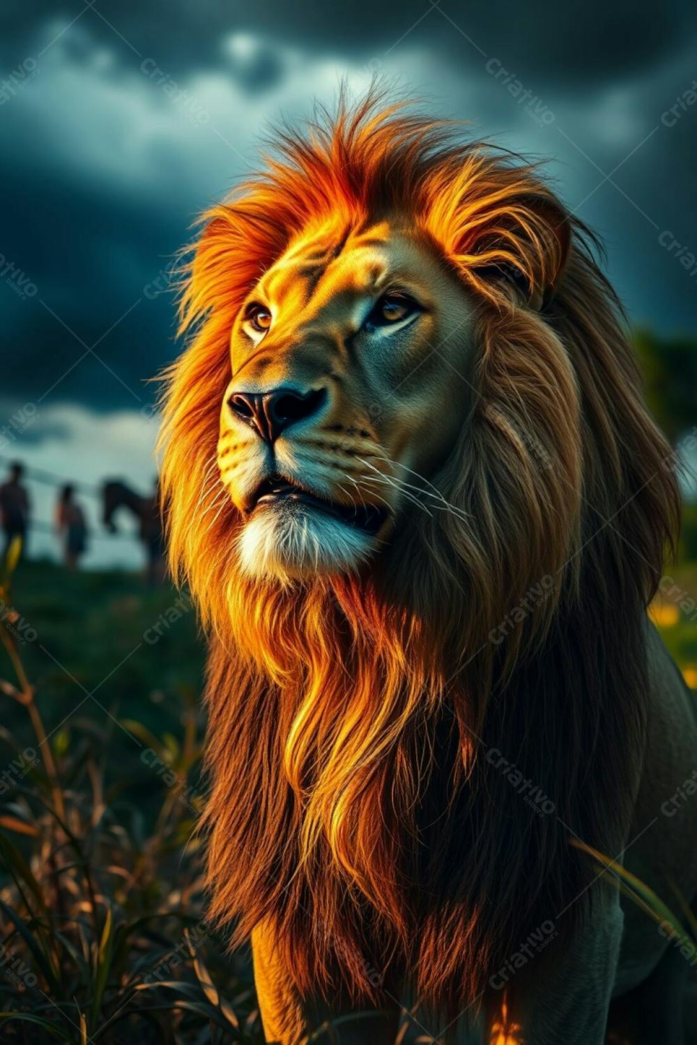 A High Definition Photograph Of A Regal Lion In A Dramatic Jungle Setting. The Lion&#39;S Refined Features Are Emphasized By A Warm Golden Light, Contrasting With Stormy Skies. The Image&#39;S High Tension Is Conveyed Through A Long Exposu