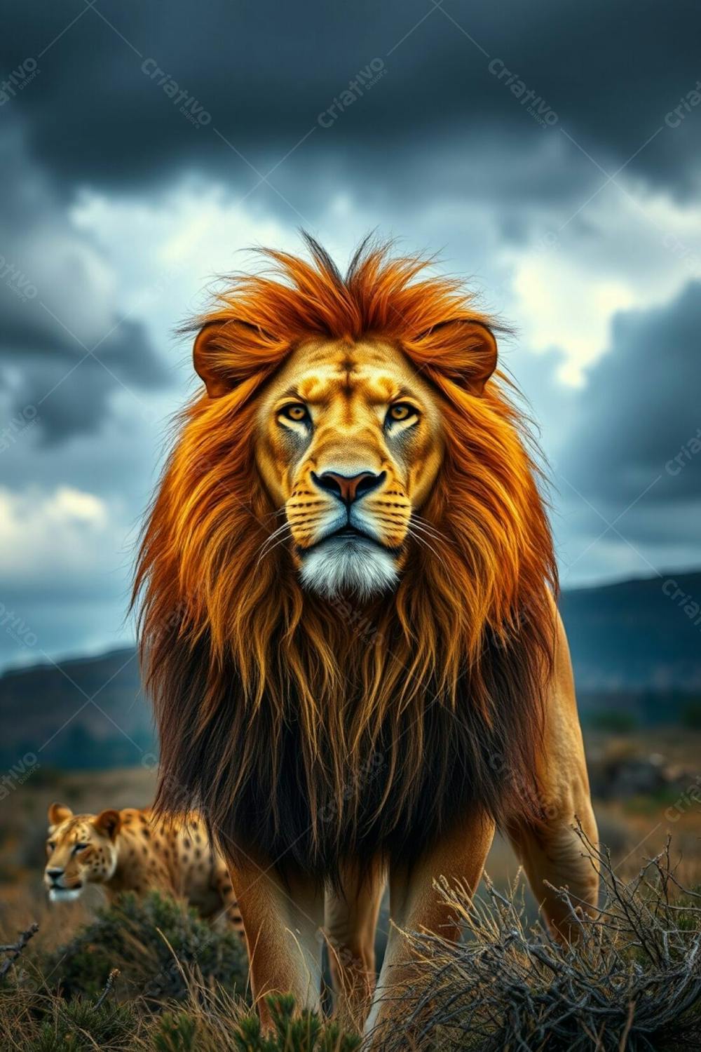 A Long Exposure Photograph Depicting A Powerful And Elegant Lion Amidst A Dramatic, Stormy Landscape. The Lion&#39;S Luxurious Mane And Refined Features Are Highlighted By A Warm, Golden Light. The Image Utilizes A 4K Camera For Excep