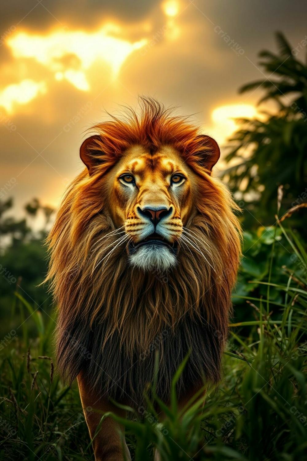 A Long Exposure Photograph Depicting Intense Dramatic Weather With A Warm Golden Glow. The Image Features A Majestic Lion, Radiating Luxury And Authority, Within A Lush Jungle Setting. The 4K Photograph Showcases The Lion&#39;S Elega