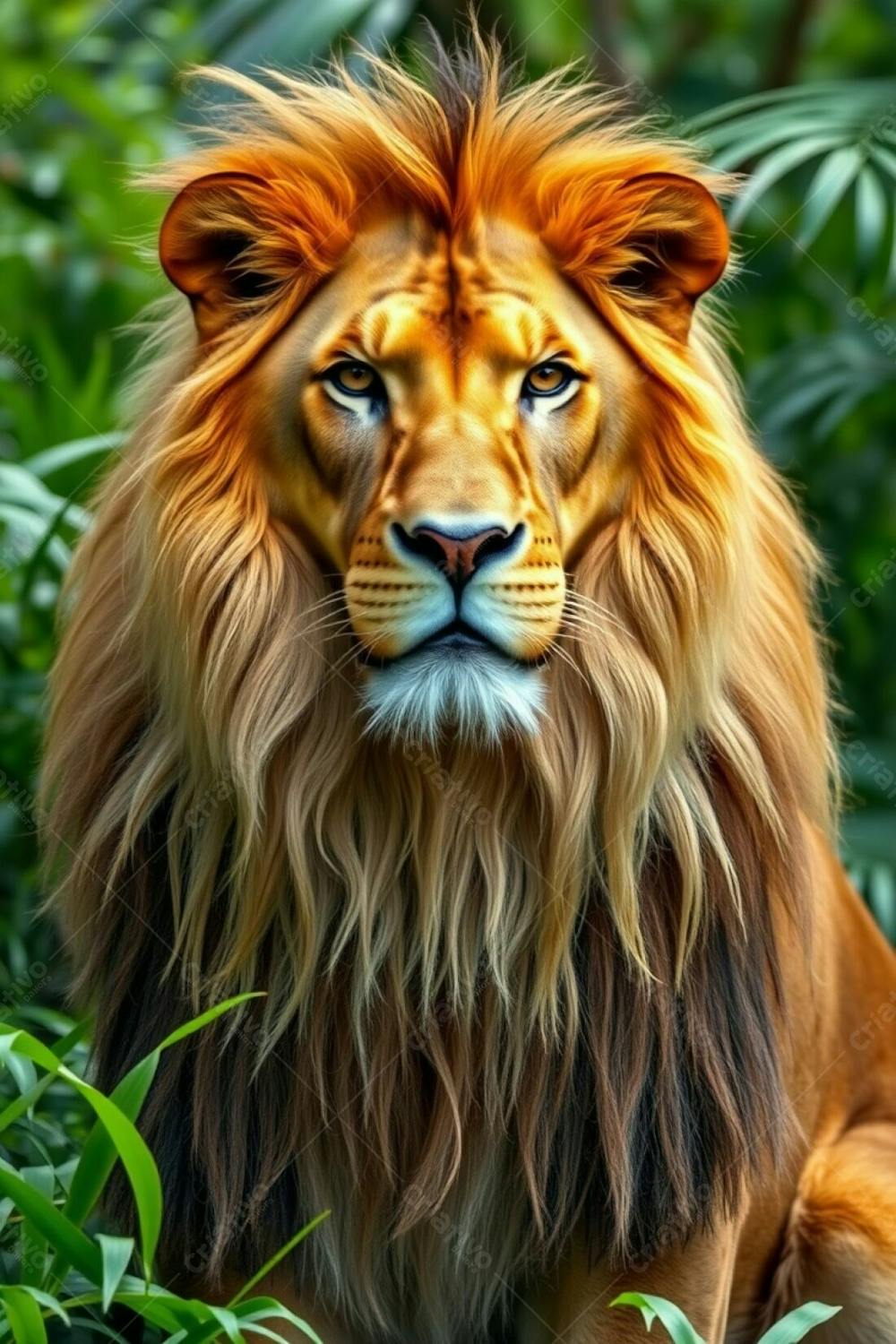 A Majestic Lion, Radiant And Luxurious With Refined Features, Commands Authority In A Lush Jungle Setting. 4K Resolution Photo, Detailed And Realistic