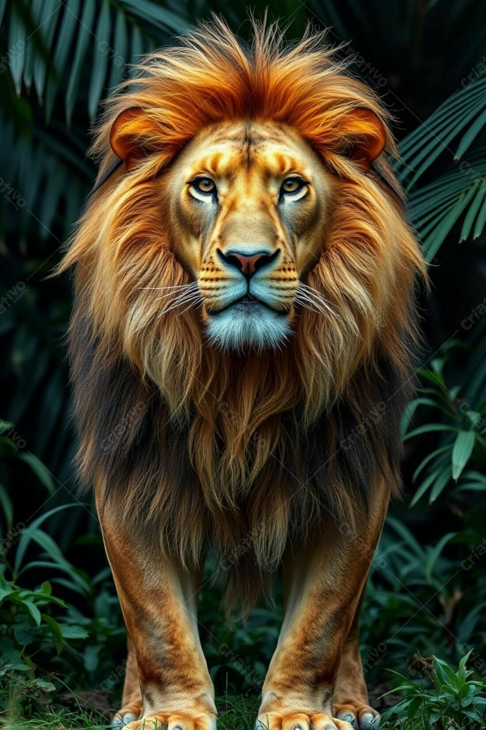 A Majestic Lion, Radiant And Luxurious With Refined Features, Standing Authoritatively In A Lush Jungle. Full Hd Image, 4K Camera Quality