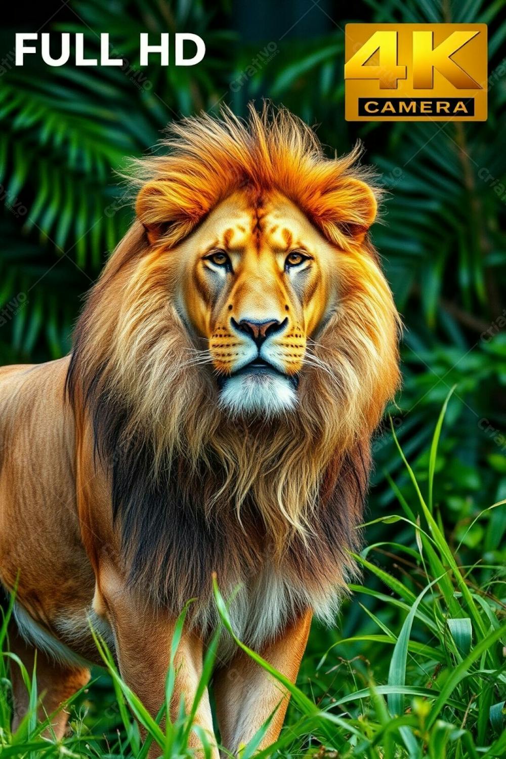 A Majestic Lion, Radiant And Luxurious With Refined Features, Standing Authoritatively In A Lush Jungle. Full Hd Image, 4K Camera Quality