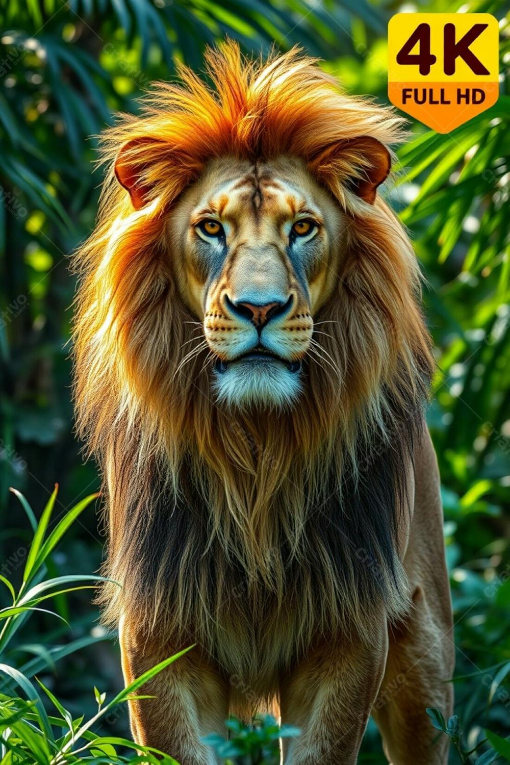 A Majestic Lion, Radiant And Luxurious With Refined Features, Standing Authoritatively In A Lush Jungle. Full Hd Image, 4K Camera Quality