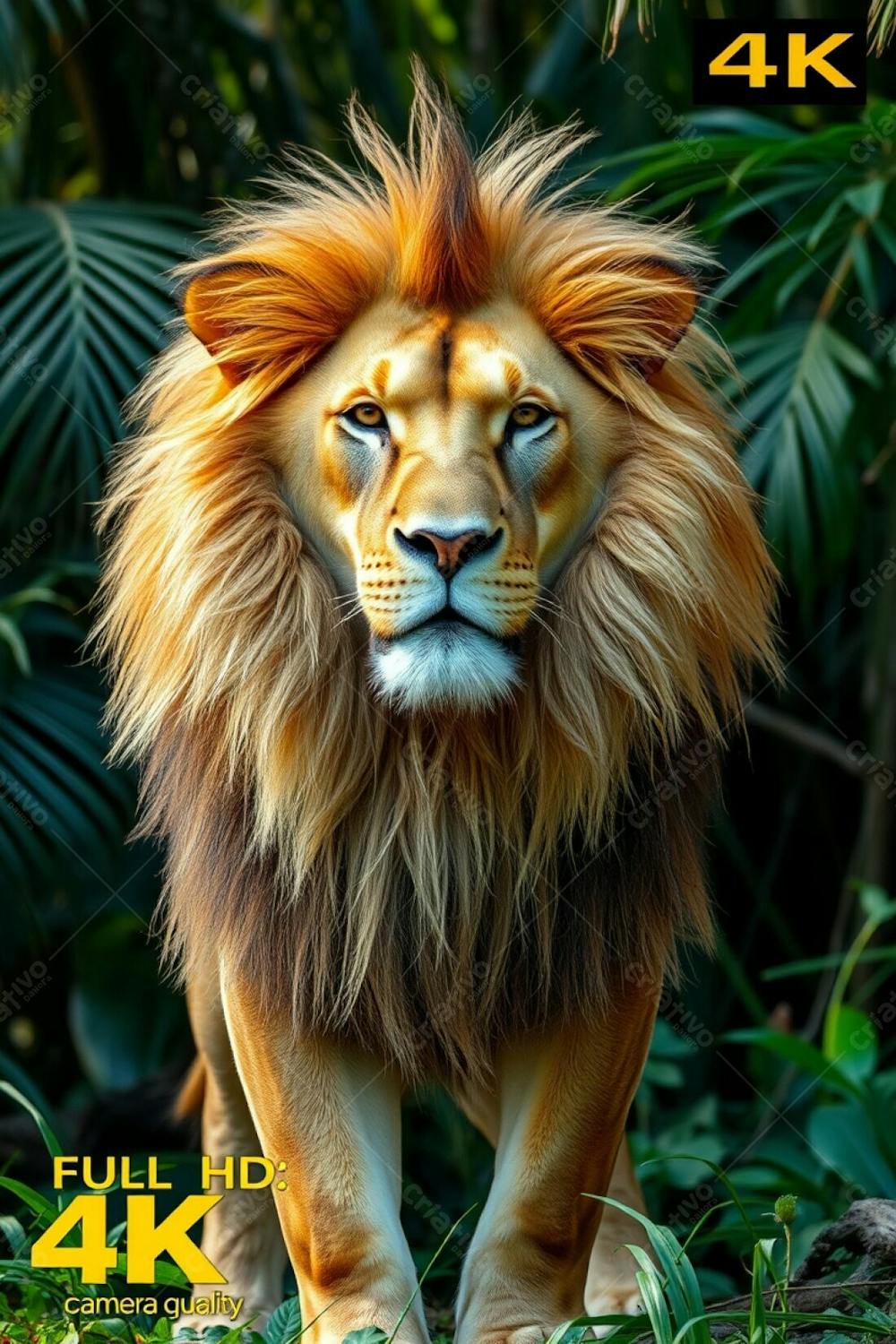 A Majestic Lion, Radiant And Luxurious With Refined Features, Standing Authoritatively In A Lush Jungle. Full Hd Image, 4K Camera Quality