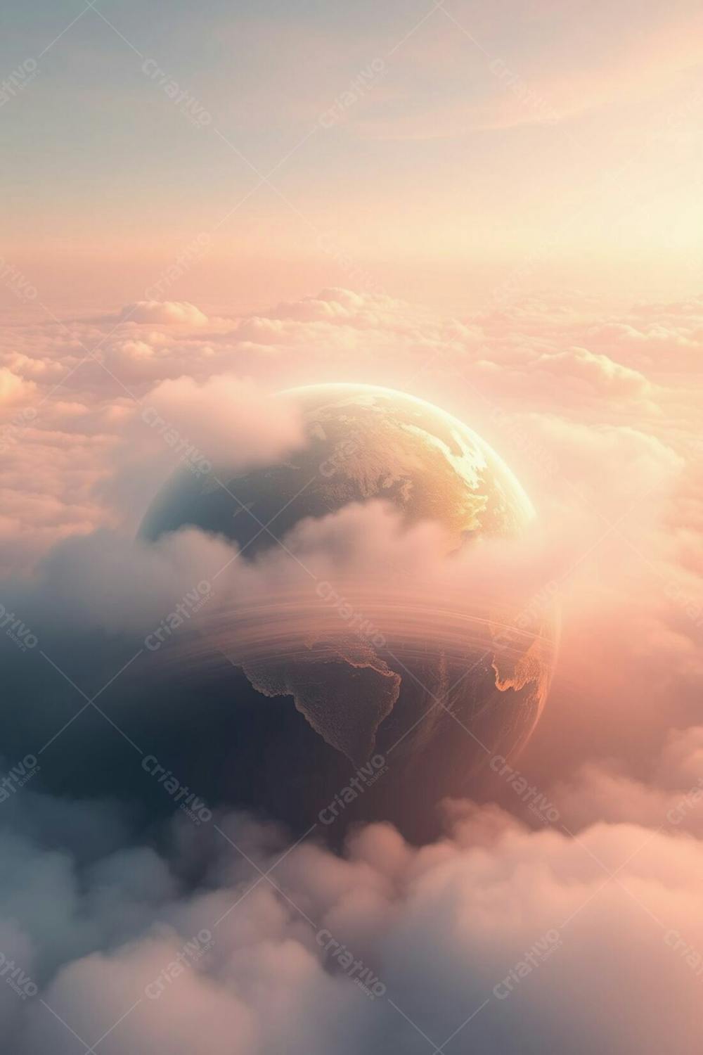 High Resolution Stock Photo Planeta Terra Depicted With A Soft, Ethereal Glow. Pastel Color Scheme, Emphasizing Serenity And Spirituality. Professional Quality For Commercial Use. Focus On Atmospheric Perspective