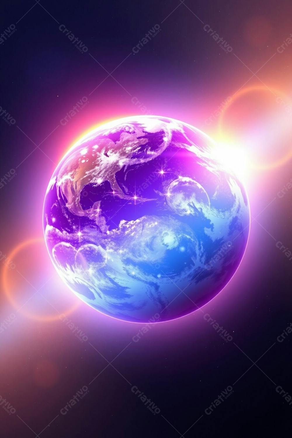 High Resolution Stock Photo Planeta Terra With A Vibrant, Ethereal Light Aura. Mystical, Spiritual Feeling, Emphasizing Professional And Commercial Usability. Color Palette Deep Blues And Purples, Contrasted With Soft Yellows