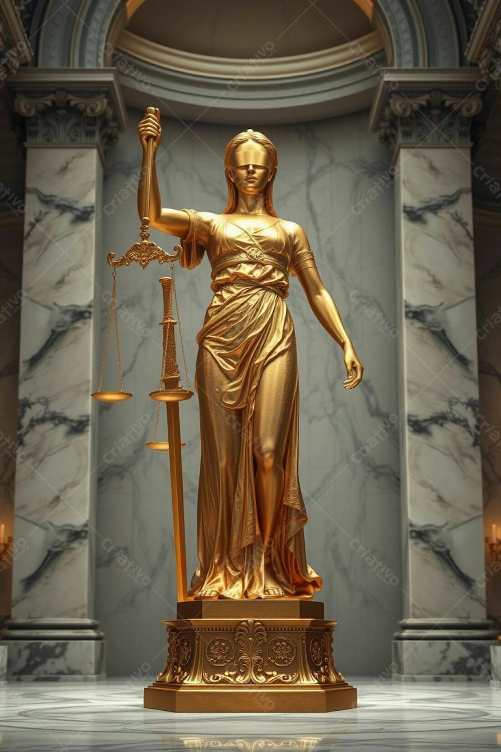 A Golden Statue Of Justice, Rendered Realistically In Shimmering Gold With A Bronze Like Texture, Stands In A Grand Marble Hall. The Blindfolded Figure, Holding Scales And A Sword, Is Highly Detail