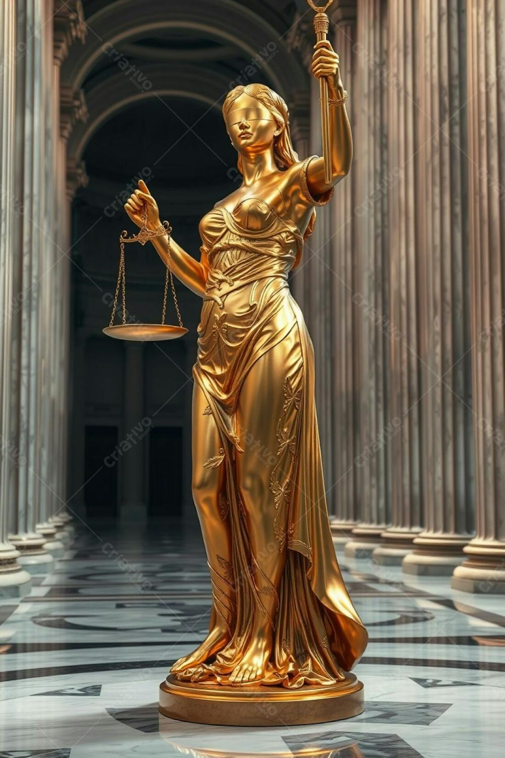 A Highly Detailed, Realistic Image Of A Golden Statue Of Justice In A Majestic Hall. The Statue, With A Polished, Radiant Finish And Intricate Engravings, Depicts A Blindfolded Woman Holding Scales