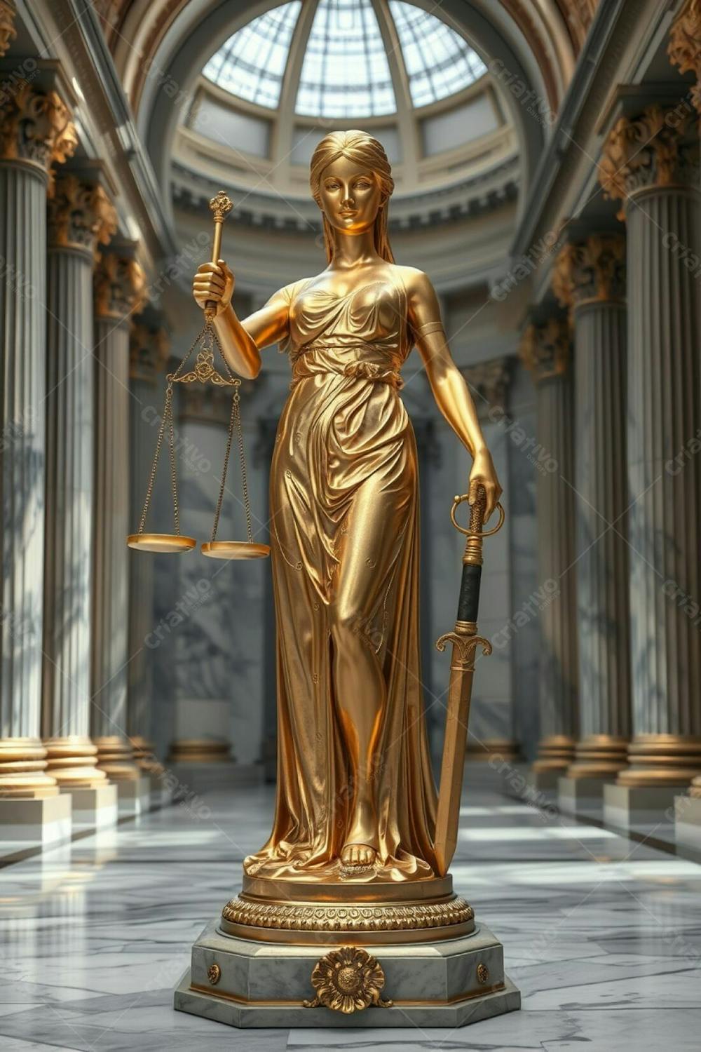 A Highly Detailed, Realistic Image Of A Shimmering Gold Statue Of Justice In A Majestic Hall. The Blindfolded Woman Holds Scales And A Sword, Her Attire Intricately Engraved. Polished Gold Reflects