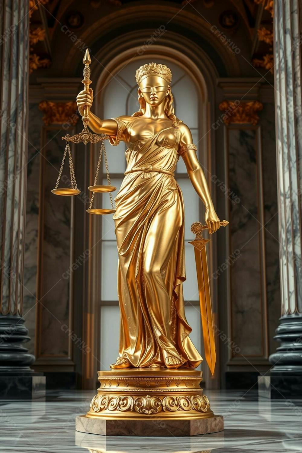 A Highly Detailed, Realistic Image Of A Shimmering Gold Statue Of Justice In A Majestic Hall. The Blindfolded Woman Holds Scales And A Sword, Her Attire Intricately Engraved. The Polished Gold Refle