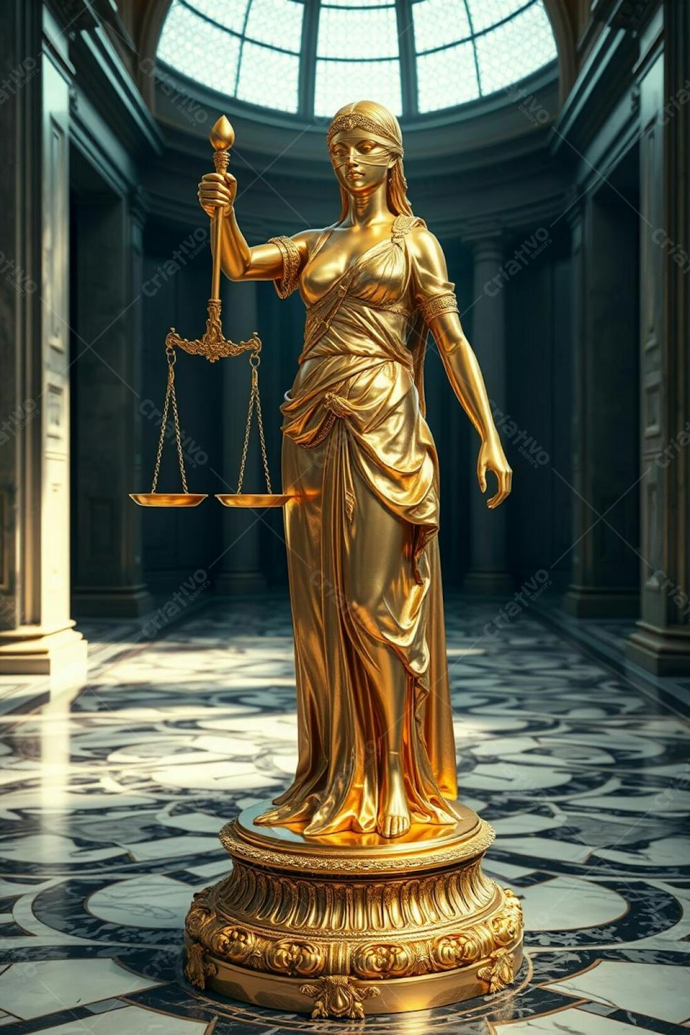 A Highly Detailed, Realistic Image Of A Shimmering Gold Statue Of Justice. The Blindfolded Figure Holds Scales And Sword, With Intricate Details On The Attire. The Gold Exhibits A Polished, Radiant