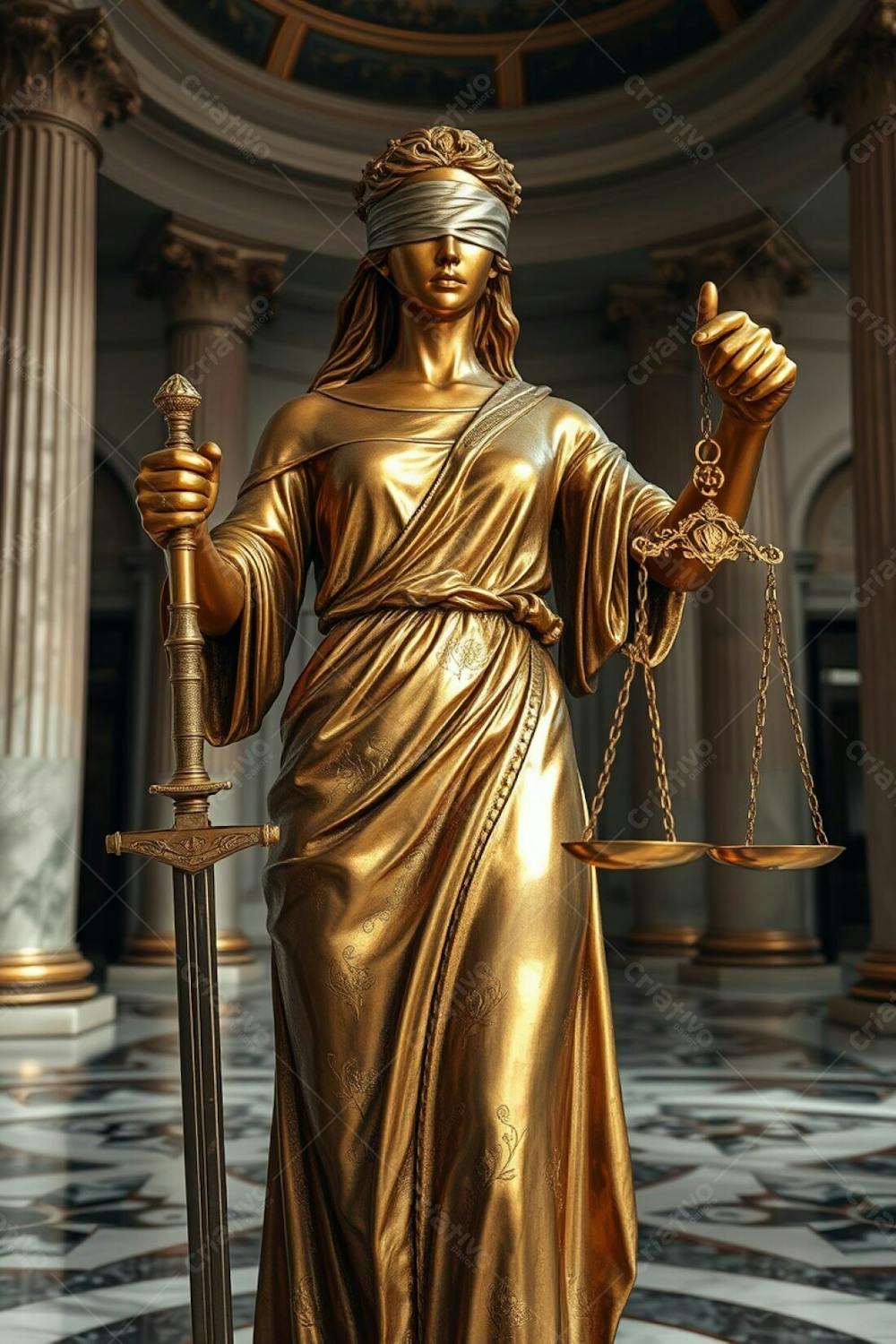 A Highly Detailed, Realistic Image Of The Statue Of Justice. The Statue Is Crafted From Shimmering Gold With A Bronze Like Texture. The Blindfolded Woman Holds Scales And A Sword. Intricate Engravin