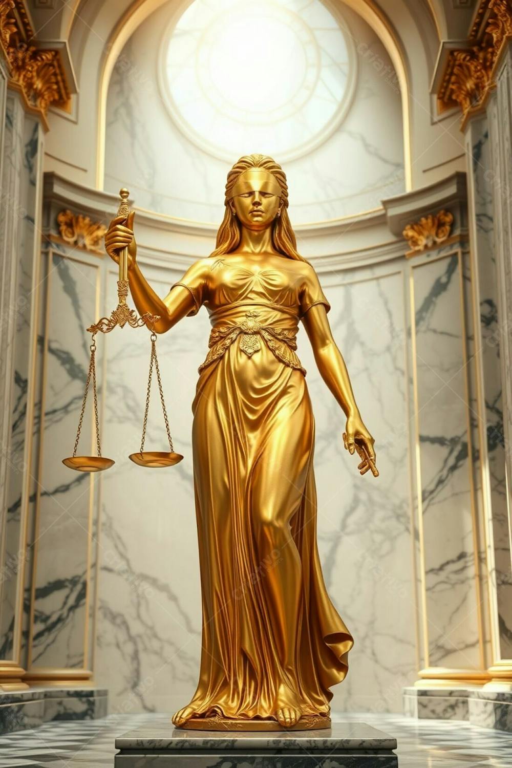 A Highly Detailed, Realistic Rendering Of A Golden Statue Of Justice In A Majestic Marble Hall. The Blindfolded Figure, Holding Scales And A Sword, Is Crafted With Intricate Details. The Golden Sur