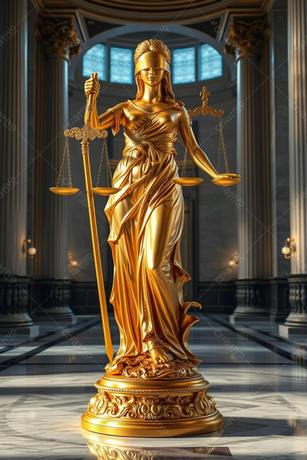 A Photorealistic Image Of A Golden Statue Of Justice, Highly Detailed, In A Grand Hall. The Blindfolded Woman, Holding Scales And A Sword, Features Intricate Attire. Polished Golden Surface Reflects