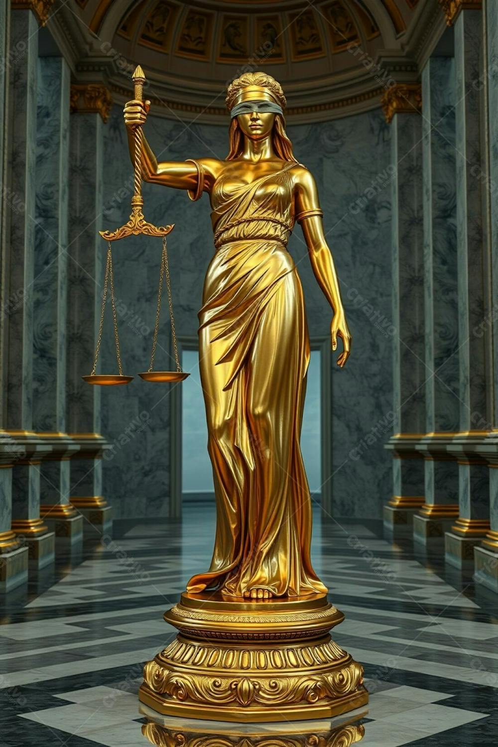 A Photorealistic Rendering Of The Statue Of Justice, Crafted In Shimmering Gold, With A Highly Detailed, Polished Finish. The Blindfolded Woman Holds Scales And A Sword. The Base Is Ornate, Set Wi