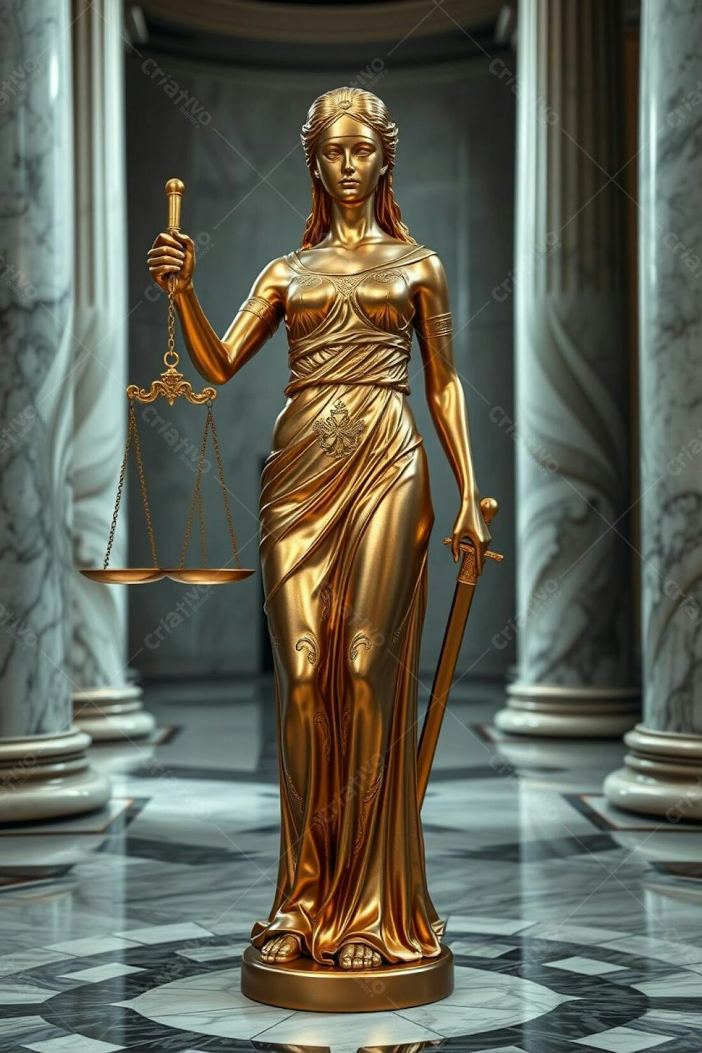 A Realistic Image Of A Gold Statue Of Justice, Highly Detailed, With A Polished, Radiant Finish. The Blindfolded Figure Holds Scales And A Sword. Intricate Engravings Adorn The Attire And Scales. Th