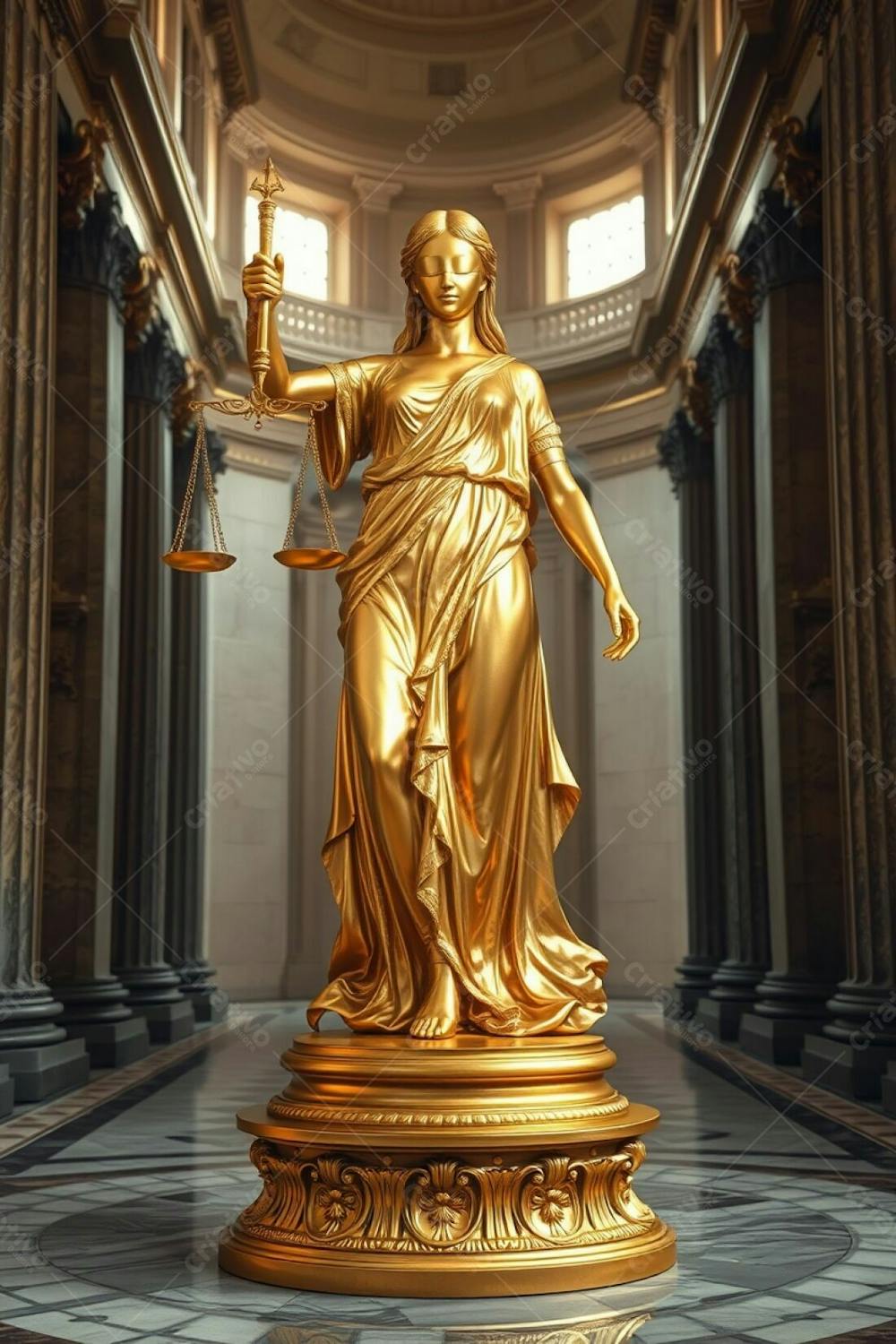 A Realistic Image Of A Golden Statue Of Justice, Highly Detailed, With A Polished Radiant Finish And Intricate Engravings. The Blindfolded Figure Holds Scales And A Sword. Ornate Base, Marble Floor,