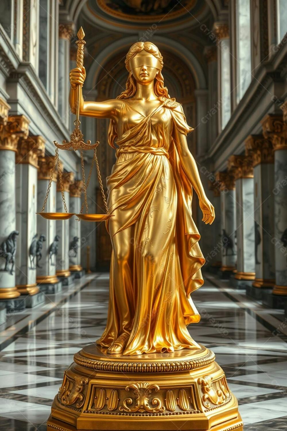 A Realistic Image Of A Golden Statue Of Justice, Highly Detailed. The Blindfolded Female Figure Holds Scales And A Sword, Her Gown Exhibiting Fine Engravings. The Gold Is Polished, Radiant, Reflecti