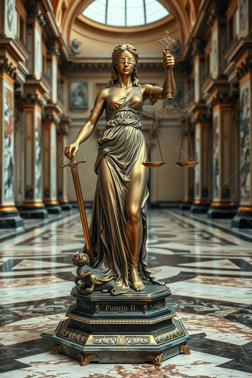 A Shimmering Gold Statue Of Justice, Cast In Bronze With A Patina Finish, Exudes An Ethereal Spiritual Vibe. The Blindfolded Woman Holds Balanced Scales And A Sword, Her Attire Finely Detailed. Th