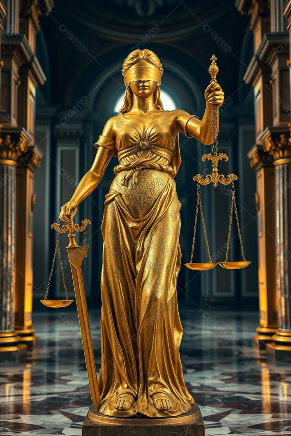 Detailed Image A Golden Statue Of Justice In A Majestic Hall. The Blindfolded Woman, Crafted In Shimmering Gold With A Realistic, Highly Detailed Texture, Holds Scales And A Sword. Intricate Engrav