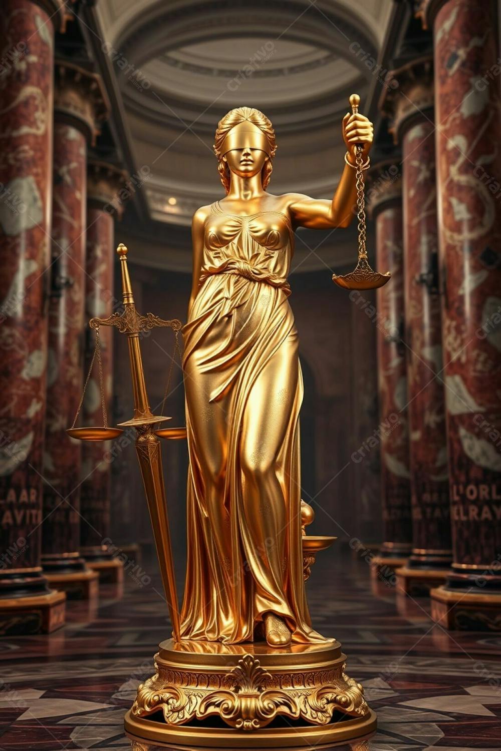 Highly Detailed Image A Gold Statue Of Justice With A Polished, Radiant Finish. The Blindfolded Woman Holds Scales And A Sword, Featuring Intricate Engravings. Ornate Base Details In A Grand Marbl