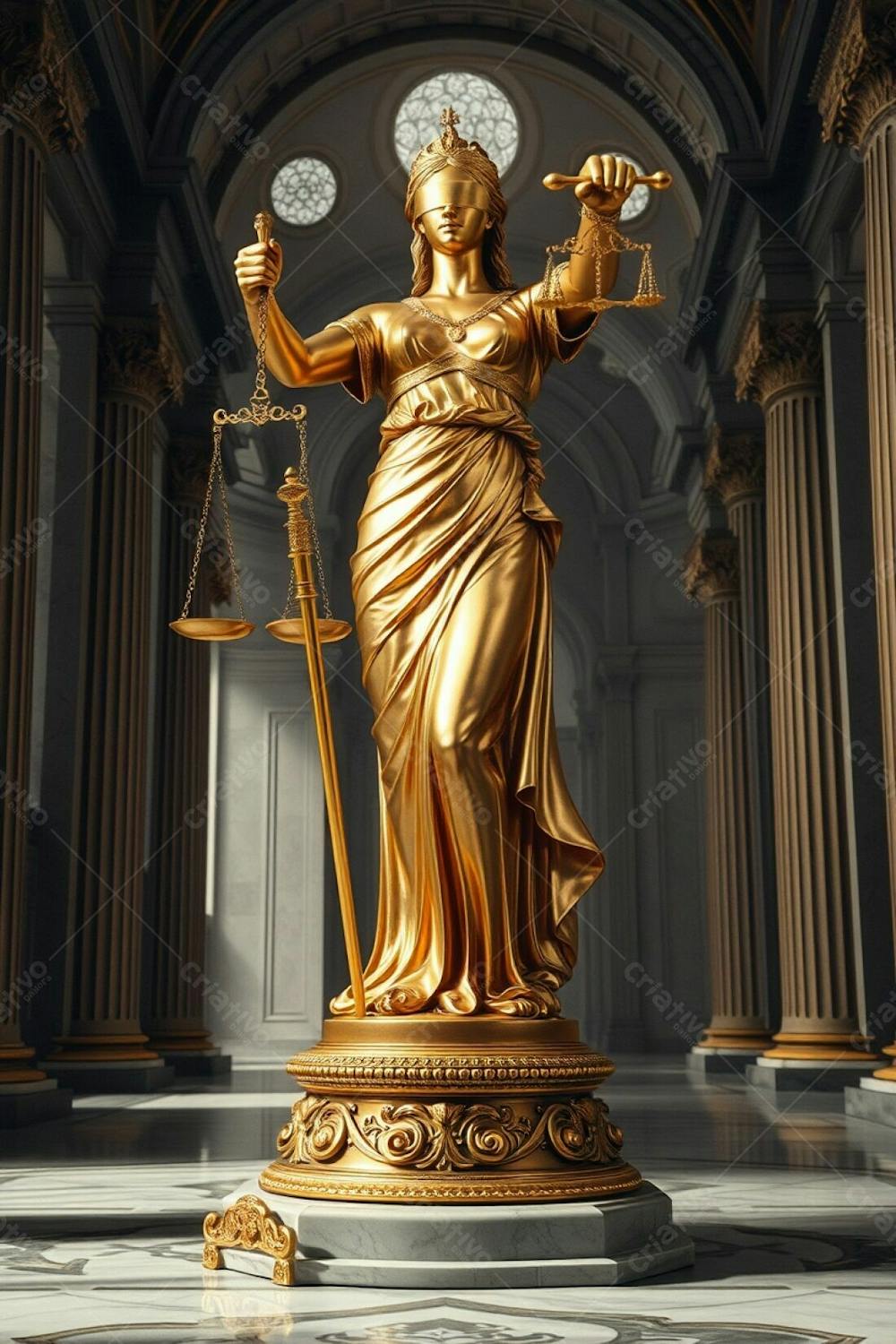 Highly Detailed, Realistic Image Shimmering Gold Statue Of Justice In A Majestic Hall. Blindfolded Woman With Scales And Sword, Intricate Attire. Polished Gold Finish, Ornate Base, Marble Floor,