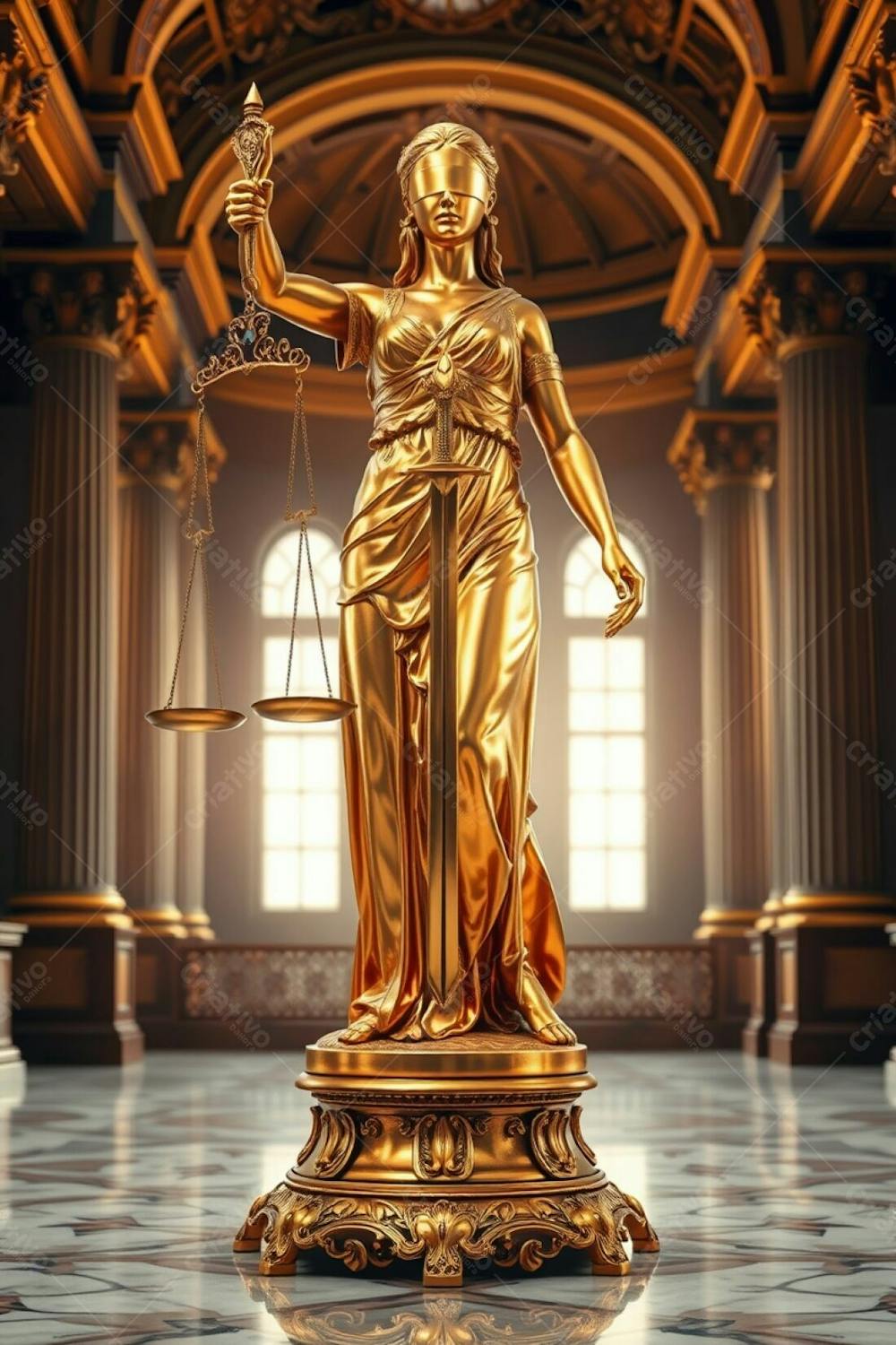 Highly Detailed, Realistic Image Shimmering Gold Statue Of Justice In A Majestic Hall. Blindfolded Woman Holds Balanced Scales And A Sword. Intricate Detail, Polished Radiant Gold Reflects Light.