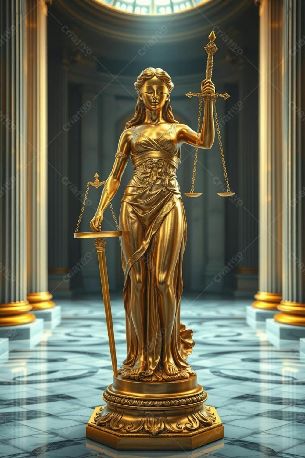 Highly Detailed, Realistic Image A Shimmering Gold Statue Of Justice In A Grand Hall. The Blindfolded Female Figure Holds Scales And A Sword. Intricate Details, Polished Gold Finish Reflecting Ligh