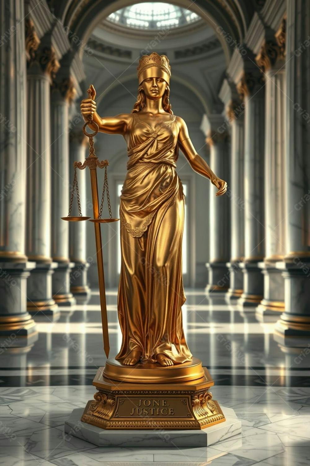 Highly Detailed, Realistic Image Of A Shimmering Gold Statue Of Justice In A Majestic Hall. The Blindfolded Woman Holds Scales And A Sword, Her Attire Intricately Engraved. Polished Gold Finish Refl