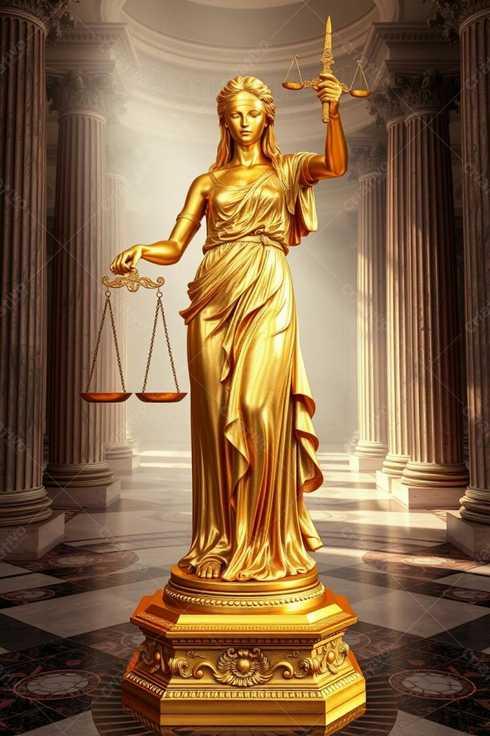 Highly Detailed, Realistic Image Of The Statue Of Justice Shimmering Gold, Polished Finish, Intricate Engravings. Blindfolded Figure Holds Scales And Sword. Ornate Base, Majestic Hall Setting, Mar