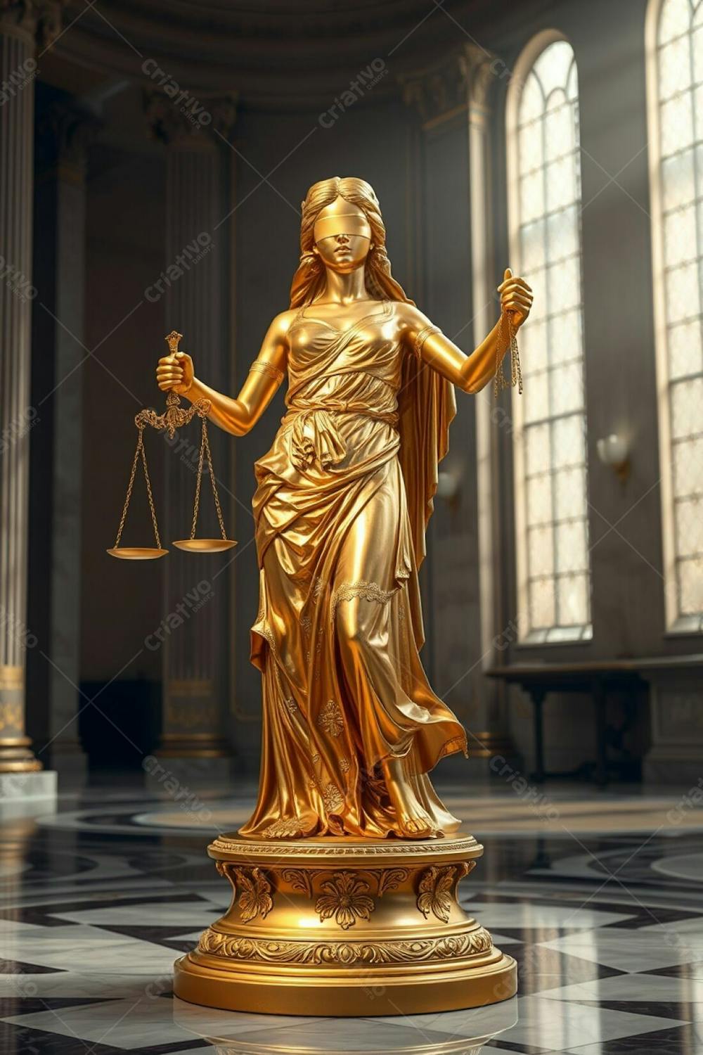 Highly Detailed, Realistic Image Of The Statue Of Justice, Crafted From Shimmering Gold. The Blindfolded Woman Holds Scales And A Sword. Intricate Engravings Adorn Her Clothing And The Scales. Poli