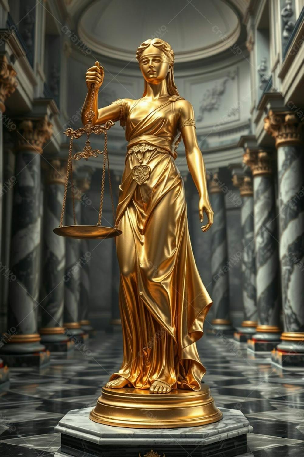 Realistic Depiction Of A Shimmering Gold Statue Of Justice, Highly Detailed. Blindfolded Woman Holds Scales And Sword. Intricate Engravings On Attire And Scales. Polished Gold Radiantly Reflects L