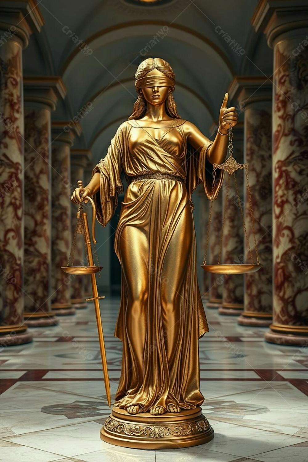 Realistic Image Of A Golden Statue Of Justice, Cast Bronze With An Ethereal Spiritual Vibe. The Blindfolded Figure Holds Scales And A Sword, Her Features Sharp And Detailed. Intricate Engravings Ad