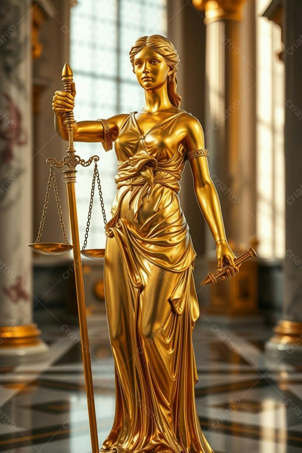 Realistic Image Of A Golden Statue Of Justice, Detailed With A Focus On The Polished, Radiant Gold Finish Reflecting Light. The Blindfolded Woman, Holding Scales And A Sword, Stands In A Majestic Ha