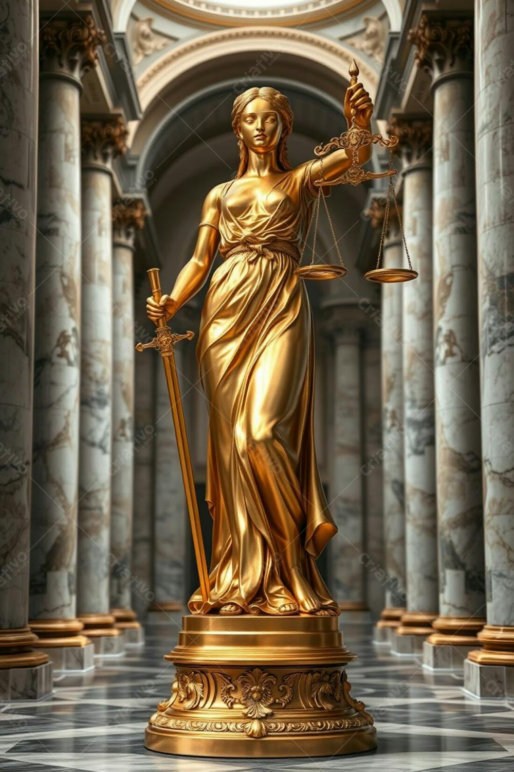 Realistic Image Of A Highly Detailed Golden Statue Of Justice. The Blindfolded Female Figure Holds A Sword And Scales, Her Dress Elegantly Detailed. The Polished Gold Gleams. The Statue Stands On