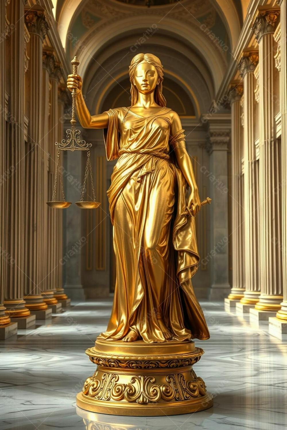 Realistic Image, Highly Detailed A Golden Statue Of Justice In A Majestic Hall. The Blindfolded Woman Holds Scales And A Sword, Her Robes Intricately Detailed. Polished Gold Reflects Light. Ornat